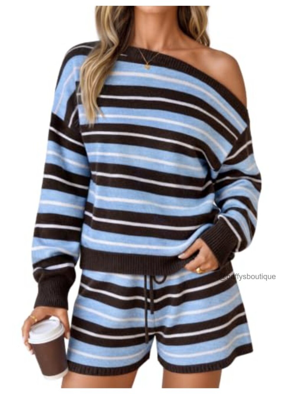 Striped Off-Shoulder Sweater & Shorts Set Knit Loungewear